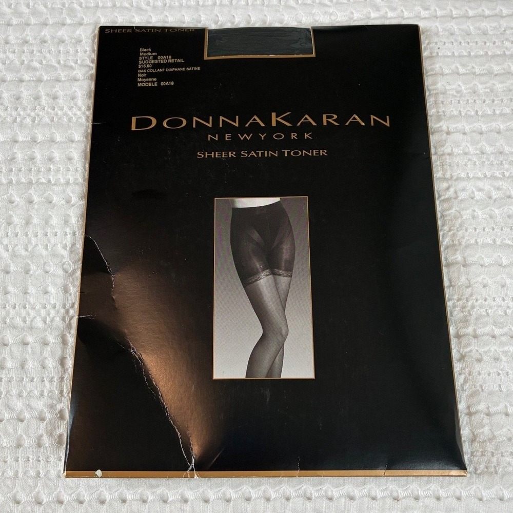 NOS VTG Donna Karan Pantyhose Medium Black Sheer Satinโ Toner 2002 Tights